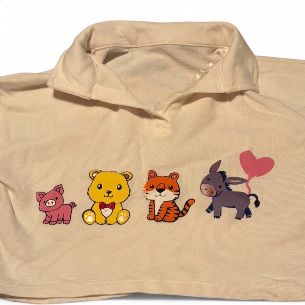 Cream Cropped Polo Shirt with Animal Graphics